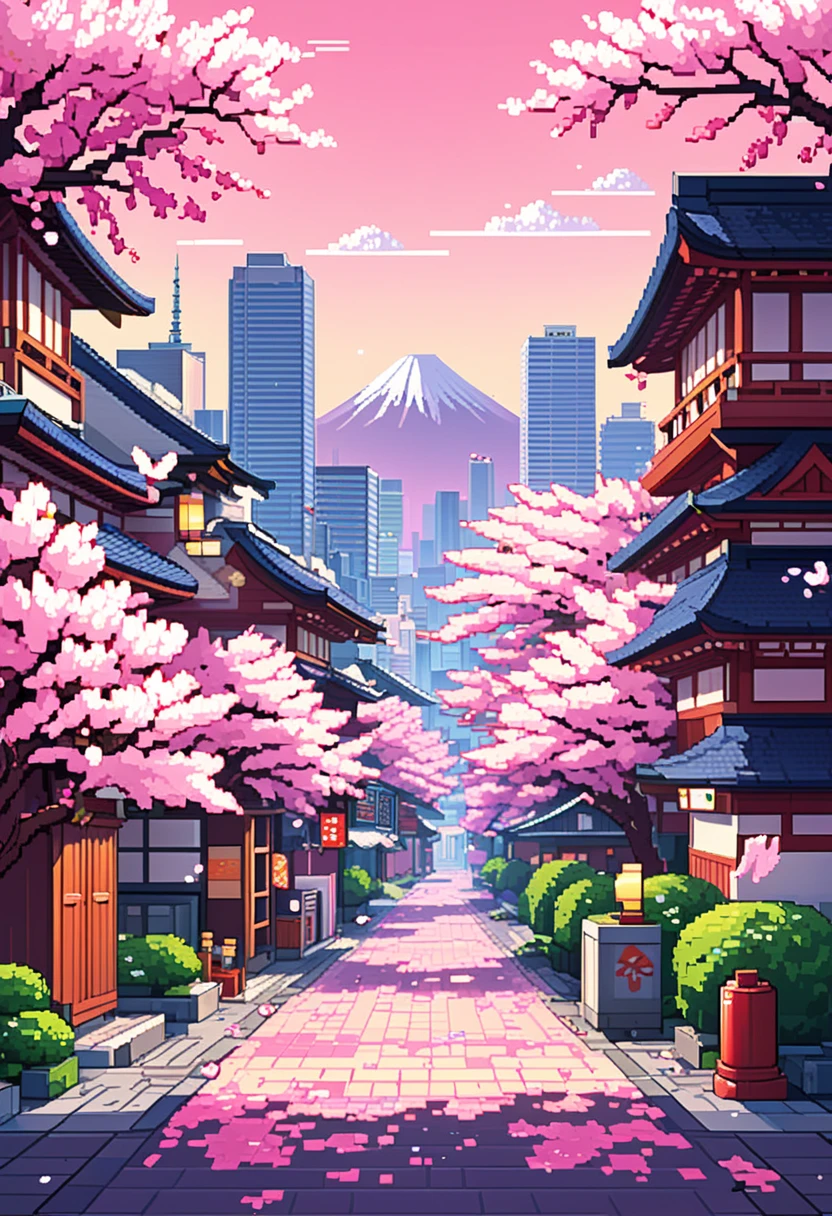 pixel Japanese city with cherry blossoms pixel drawing style