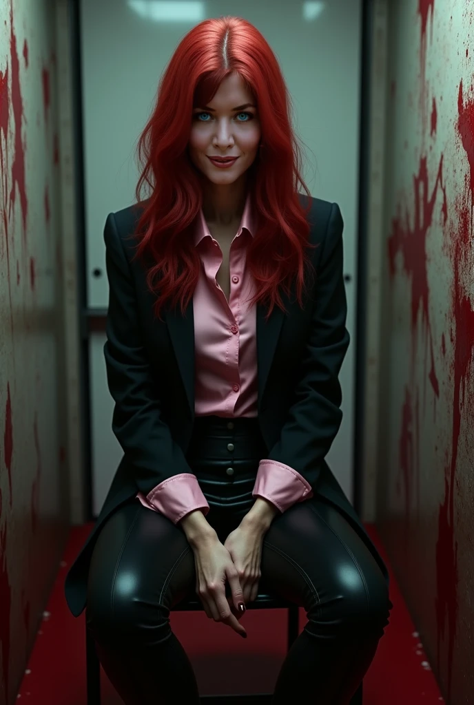 A beautiful woman with six-foot-long prenzil red hair Adriana Lima wearing a fuchsia leather jumpsuit combined with black gloves and black leather boots kneeling screaming exhausted after a battle blood around her skulls and lots of blood six-foot-long prenzil red hair reflection of her in her blood Marvel universe logo