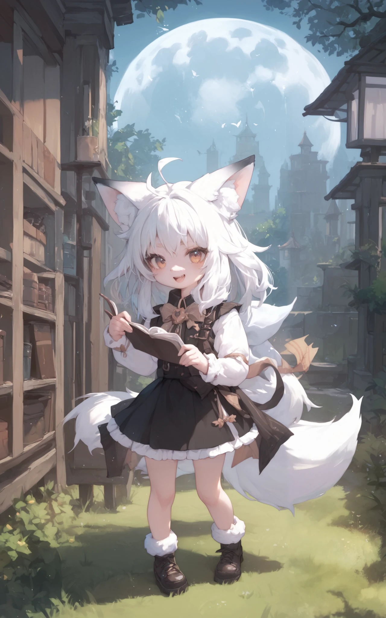 masterpiece, 1girl, sparrow, a blonde haired girl, wearing a white medieval priestess clothes, curly medium hair, messy hair, slim body, wearing golden capelet with hoody, he close her left eye, shirt ornament, seductive smile, red eyes, ahoge, black vest, baby face, big breast, beautiful breasts, rounded breasts, braid hair, white nurse cap, long sleeves, seductive eyes, white stocking, droopy eyes, miniskirt, brown skirt, plaid skirt, ass, beautiful ass, rounded ass, she standing while holding tbale, ((small neko ears)) , white and gold fox tail attached to the ass