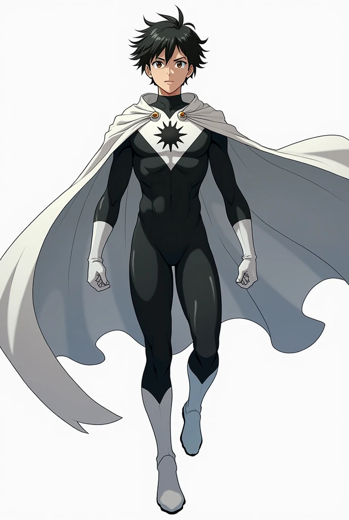 Masterpiece, highres, High quality, Dark skin teen, male, slightly buff, medium dark brown hair hair, big innocent grey eye's, wearing a black full bodysuit, six white long torn scarf, hooded white cloaks, black big Gauntlets, dramatic sho, intensive, cool, badass,