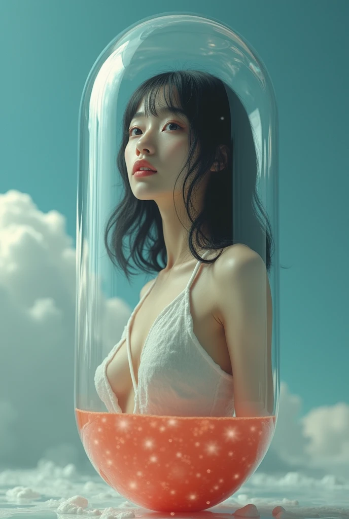 最high quality、high quality、Best image quality、8K、最High resolution、High resolution、最high quality、masterpiece、RAW Photos、whole body写真、Detailed and realistic human body、Detailed and realistic skin、Realistic face in every detail、Detailed and realistic eyes、Detailed and realistic lips、Detailed and realistic teeth、Detailed and realistic ears、Detailed and realistic hair、Realistic reproduction of every detail、((Beautiful Hands(thumb1、reference4))、Realistic feet down to the last detail、((Beautiful Japanese Girl))、(Japanese Model)、 ((18 year old beautiful girl))、(Black Hair)、(Random Hairstyles)、((whole body))、((Slim and perfect figure))、(Beautiful and firm breasts)、(whole body光沢肌、Fair skin)、((Girls in bikinis))、((Girl trapped in a glass bottle))、((Highly transparent glass bottle(彼女のwhole bodyがすっぽりと入る大きなガラス瓶))、((Sit in a glass jar))、((A glass bottle with a girl inside is placed on the desk))