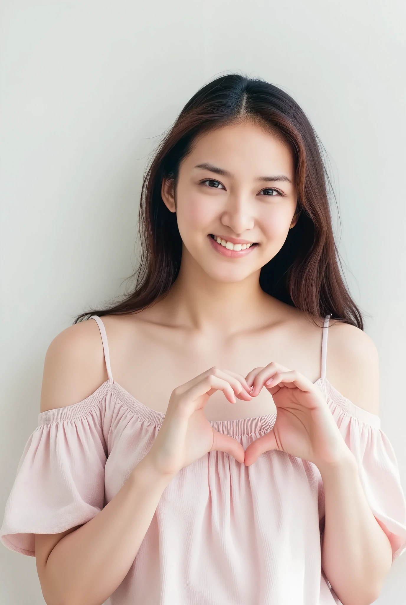 A smiling woman poses alone wearing off-the-shoulder pajamas in pastel colors that convey warmth simply by touching them softly and softly, making a firm, large heart shape with both hands, and holding them in front of her chest, View above collarbone、The background is a monotone 、
