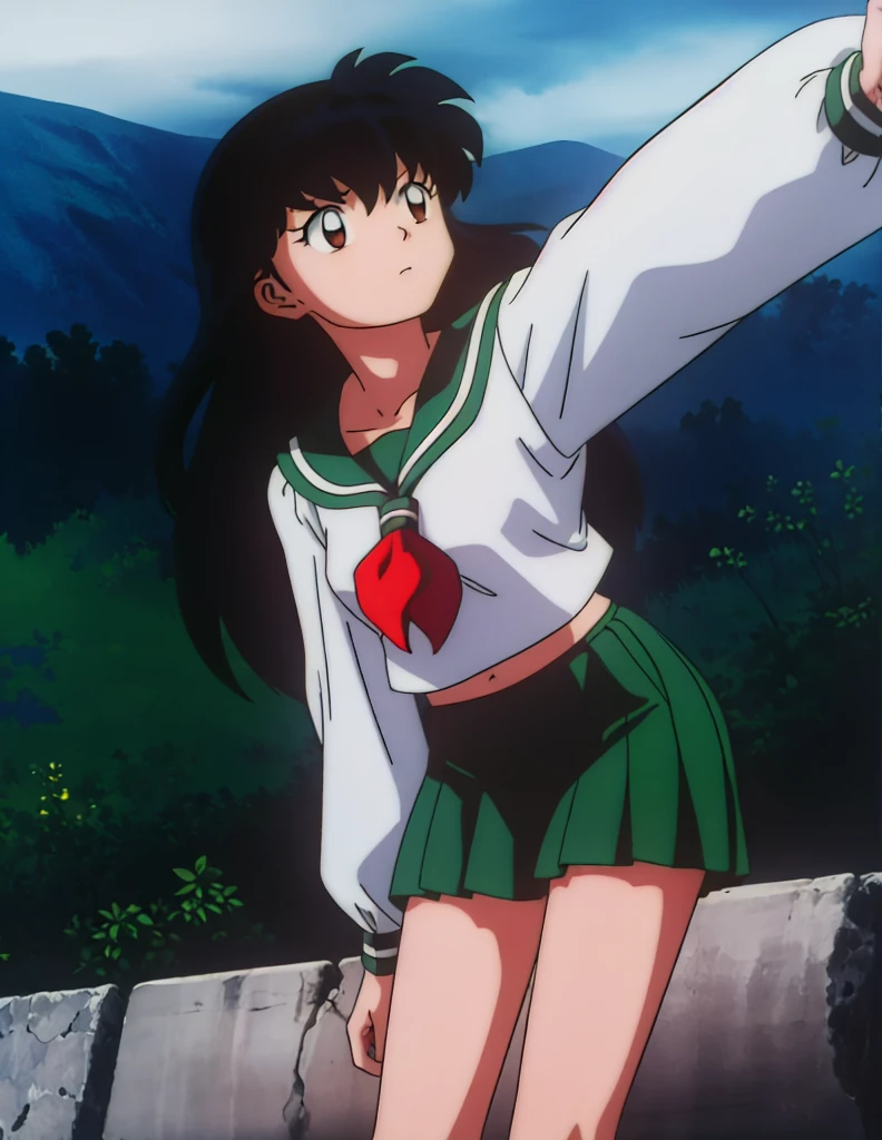 1girl, solo, outdoors, long hair, brown eyes, school uniform,(Masterpiece: 1.6, Best Quality), (Fine Beautiful Eyes: 1.2), (best quality, masterpiece, higher), green school uniform, soft thighs , long sleeves, white socks, scenery , Best Quality, ((anime)) ((Colored)) HD, Kagome Higurashi ,school uniforms, Standing, Green skirt, Red scarf, long hair, Black hair between the eyes, Thighs are soft, school background , black hair, skirt ,standing, green skirt, serafuku, belly button, navel, midriff, stretching up high, both arms up 