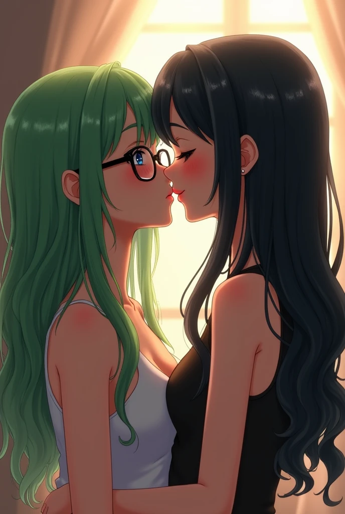couple with green hair with orange and green eyes that shine with black glasses and tattoos and a beautiful background fanart animation him with a beard kissing