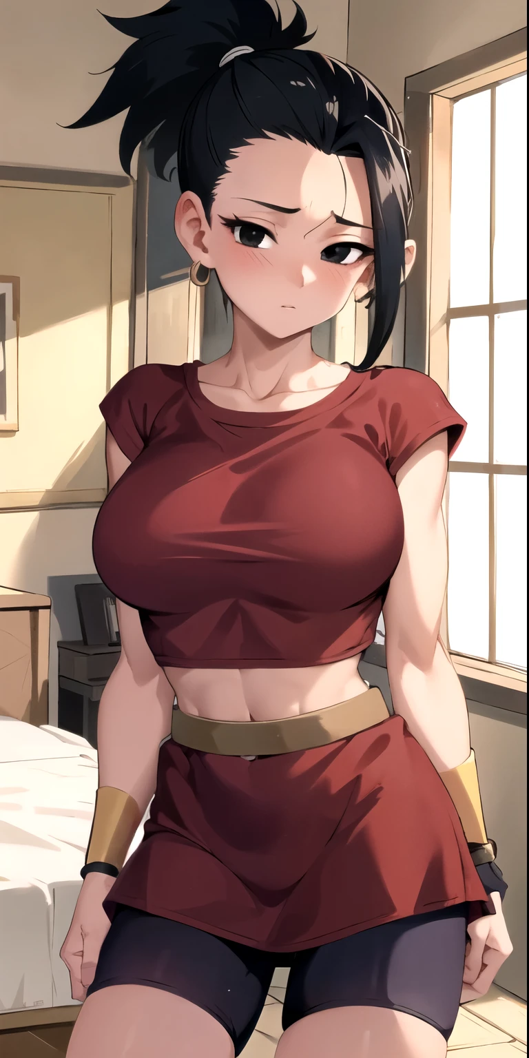 artwork, best quality, Kale, black eyes, ponytail, top cut, armband, torso, standing, looking at viewer, nervous, in a bedroom ,bathed in the golden light of the setting sun, close up , black hair, shy look,heat, in love, looking at the viewer,(clear skin),blush,big tits,crop top, (red shirt), miniskirt ,tight skirt,,shorts under skirt , cameltoe 