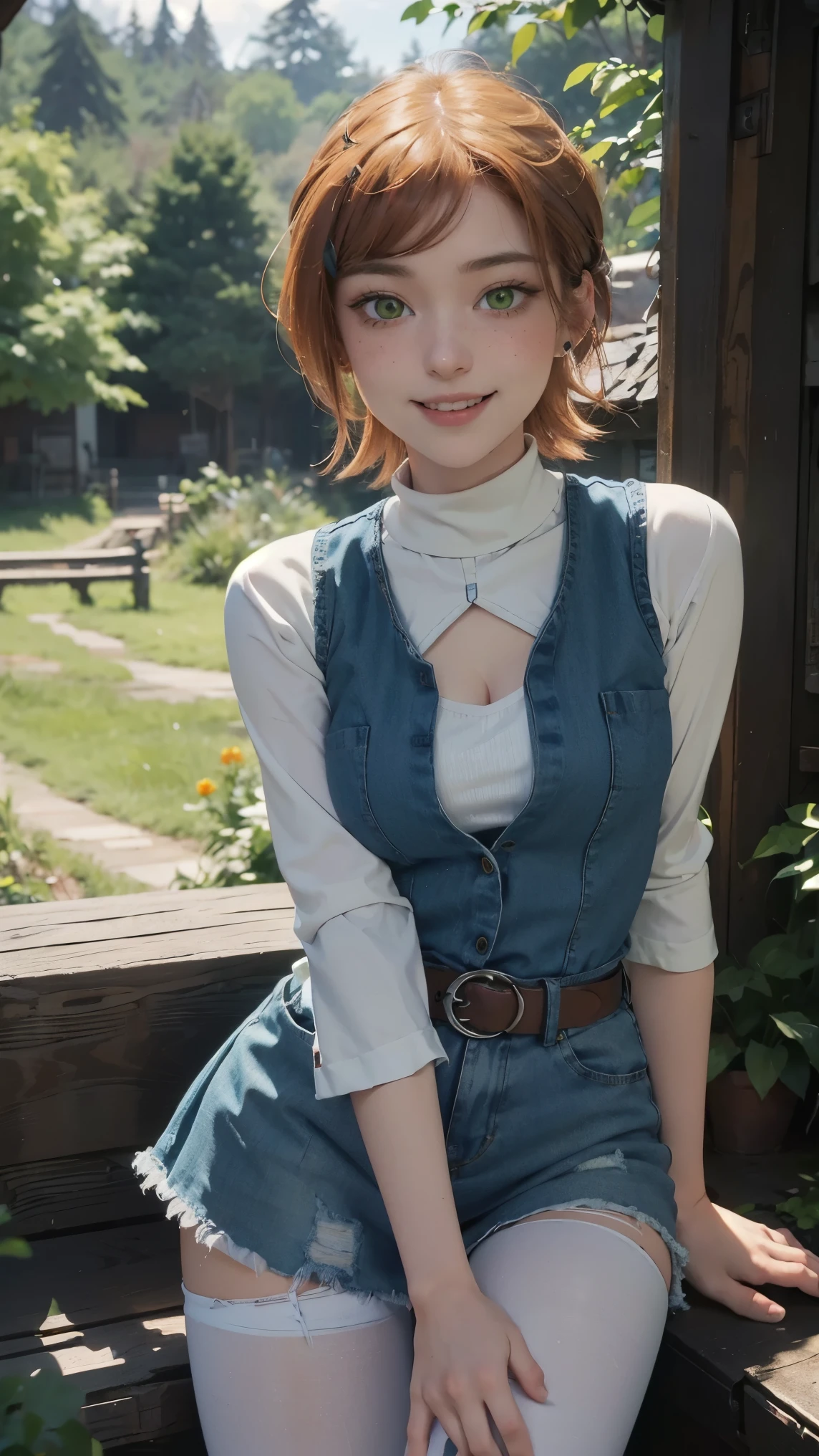Gwen tennyson,(best qualityer,4K,8k,high resolution,work of art:1.2)(weather: cloudy), forest village background, shopping district, teenager, freckles, black top, striped sleeves, denim vest, denim skirt, pantyhose, cowboy boots, earrings, hair pin, belt, eyeliner, short hair, ginger hair, ultra detailed, realistic,portraite,beautiful detailed green eyes, glowing eyes,blush,beautiful detailed lips,extremely detailed eye and face, long eyelashes,sexly,average, large breasts,beaming smile, sexy smile,powerful girl, flirty pose, stunning curves,bright coloured,dramatic lighting, wide hips, thick thighs,