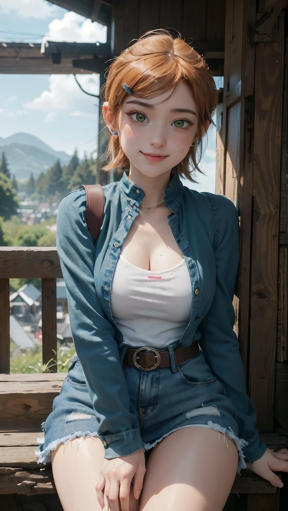 Gwen tennyson,(best qualityer,4K,8k,high resolution,work of art:1.2)(weather: cloudy), forest village background, shopping district, ager, freckles, black top, striped sleeves, denim vest, denim skirt, pantyhose, cowboy boots, earrings, hair pin, belt, eyeliner, short hair, ginger hair, ultra detailed, realistic,portraite,beautiful detailed green eyes, glowing eyes,blush,beautiful detailed lips,extremely detailed eye and face, long eyelashes,sexly,average, large breasts,beaming smile, sexy smile,powerful girl, flirty pose, stunning curves,bright coloured,dramatic lighting, wide hips, thick thighs,