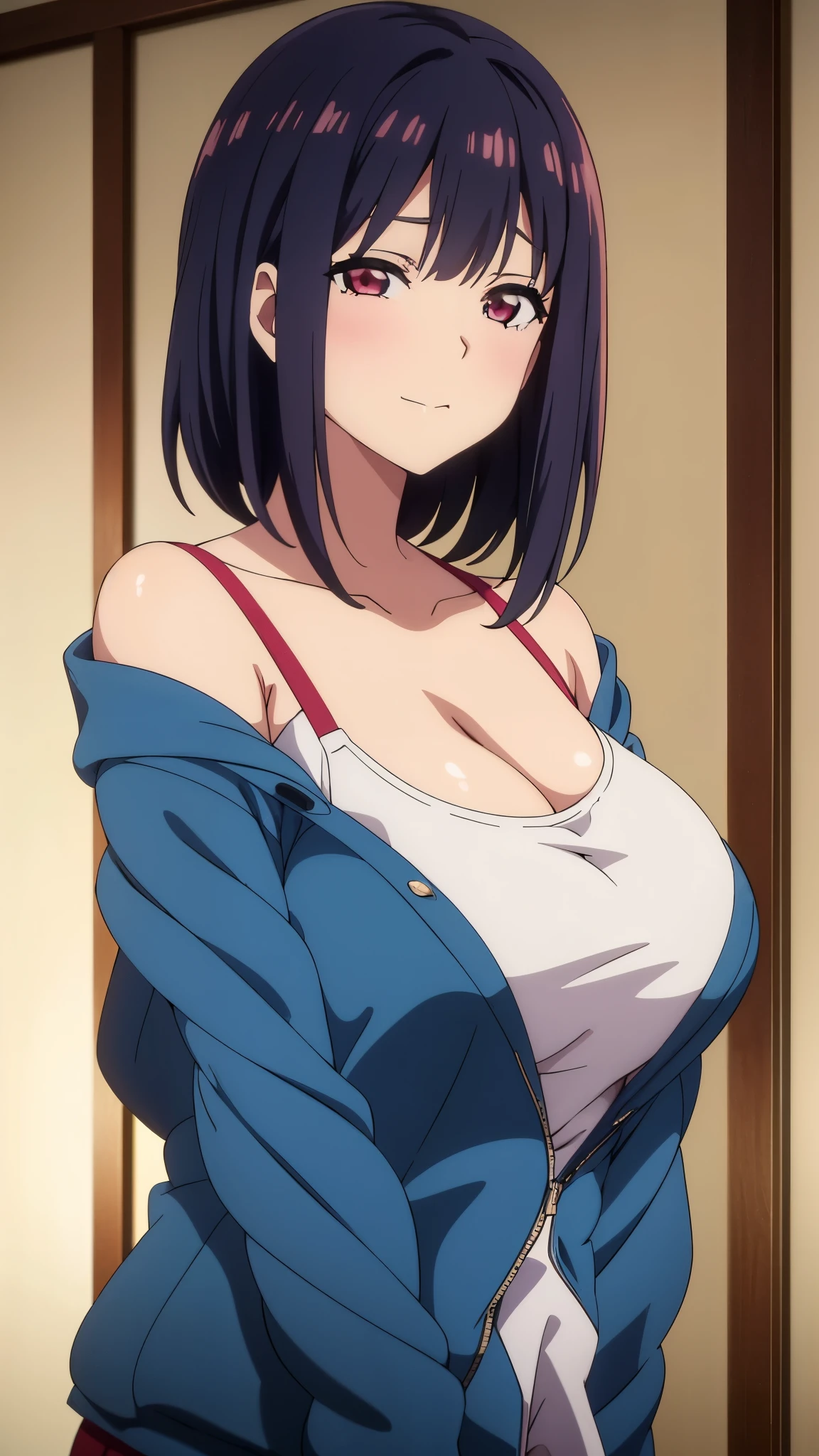 (((masterpiece))),fuyumi itadori, Anime girl characters, 1girl, solo, looking at viewer, medium hair long sleeves, cleavage, bigger breasts, closed mouth, collarbone, jacket, open clothes, open jacket, blue jacket, ground vehicle, sports bra, tall girl, horny, big ass, beautiful face,Charming,  anime visual of a cute girl, screenshot from the anime film, & her expression is solemn, ahegao face, in the anime film, in an anime, anime visual of a young woman, she has a cute expressive face, still from anime, perfect breasts, she is tall, All bodies visible, ahegao face, the face is ahegao, she is horny, A perverted face, she so perverted, she smile so perverted, hd picture, 4k quality, details of the face is so good,bigger breasts, ,change her face and make her face hd and pretty😍, make her face like nakano ichika , she is masturbating