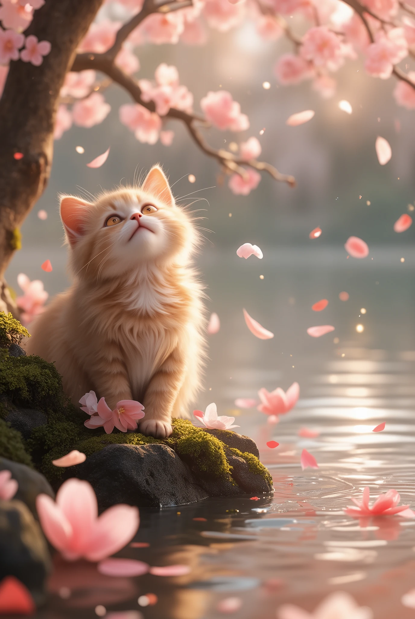 A mesmerizing scene of a rain of petals gently falling from the sky, filling the air with vibrant hues of pink, red, and white. Among the petals, a curious cat with fluffy fur and a playful expression is sitting on a mossy stone, swatting at the falling petals. The cat's fur reflects the golden sunlight streaming through the branches of ancient cherry blossom trees. The ground is covered with a carpet of petals, creating a dreamlike and serene atmosphere. In the background, a serene lake reflects the falling petals, with ripples forming as they land on the water's surface. The air is filled with faint glimmers of light particles, adding a magical touch. The overall tone is peaceful, elegant, and filled with the beauty of nature, with a slight fantastical element enhanced by the adorable presence of the cat,