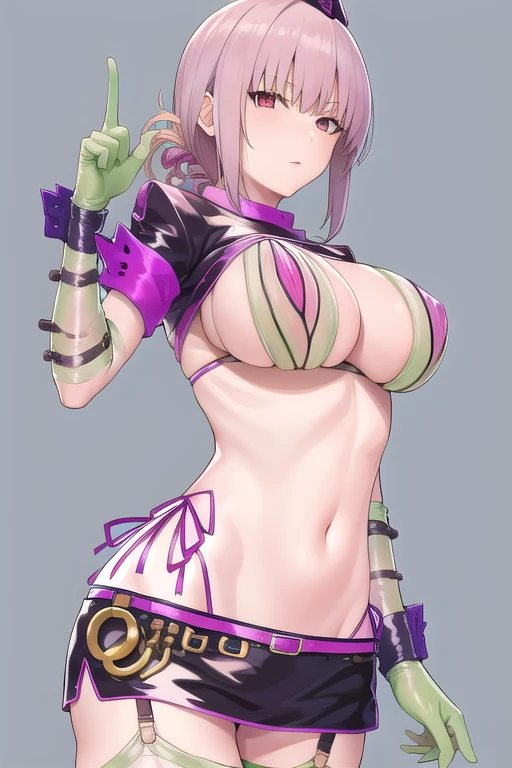 masterpiece, best quality, highres, aafng, braid, large breasts, Trick or Treatment Cosplay, revealing clothes, shrug \(clothing\), short sleeves, layered bikini, purple bikini, green bikini, belt, nurse cap, microskirt, green gloves, thighhighs, garter straps, cowboy shot, looking at viewer, 