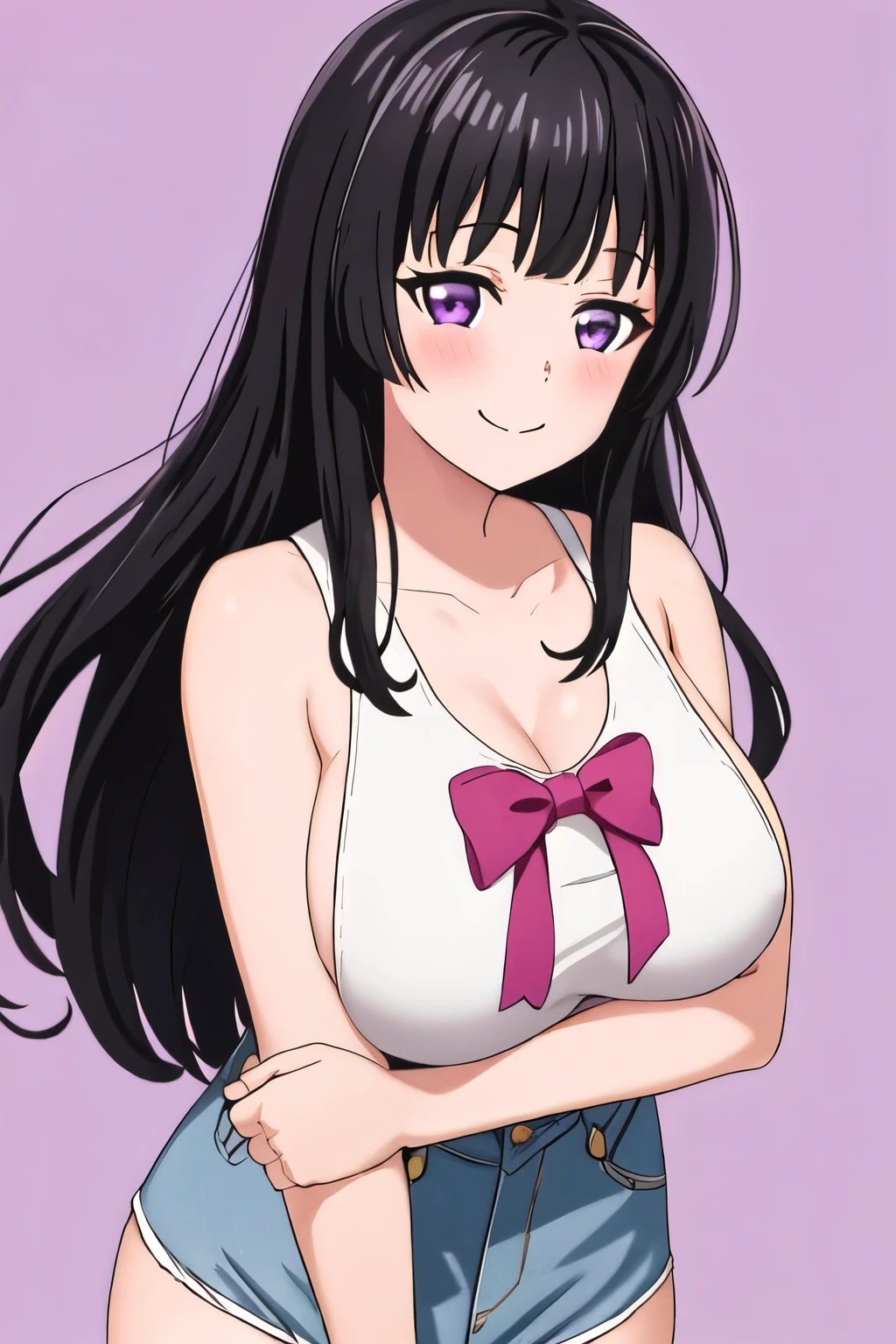 best quality, masterpiece, highres, solo, {shirokane_rinko_bangdream:1.15}, higher, black_hair, bangs, purple_eyes, long_hair, blush, smile, breasts, hair_ornament, 1girl,  looking_at_viewer, smile, simple_background, blunt_bangs, white_background, singlet, levis, half body 