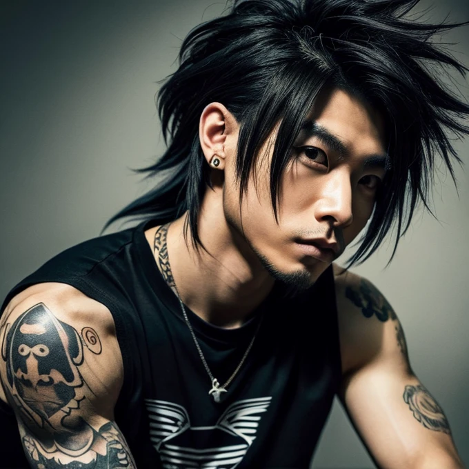 1 man, Japanese man, male, Asian eyes, muscular, broad shoulders, yakuza tattoos, hairstyle Visual Kei style, hair Visual Kei, black men's shirt and black pants, ultra detailed face, hyperrealistic, realistic representation, long hair, long hair, 30 years old, age 30 years, blonde hair