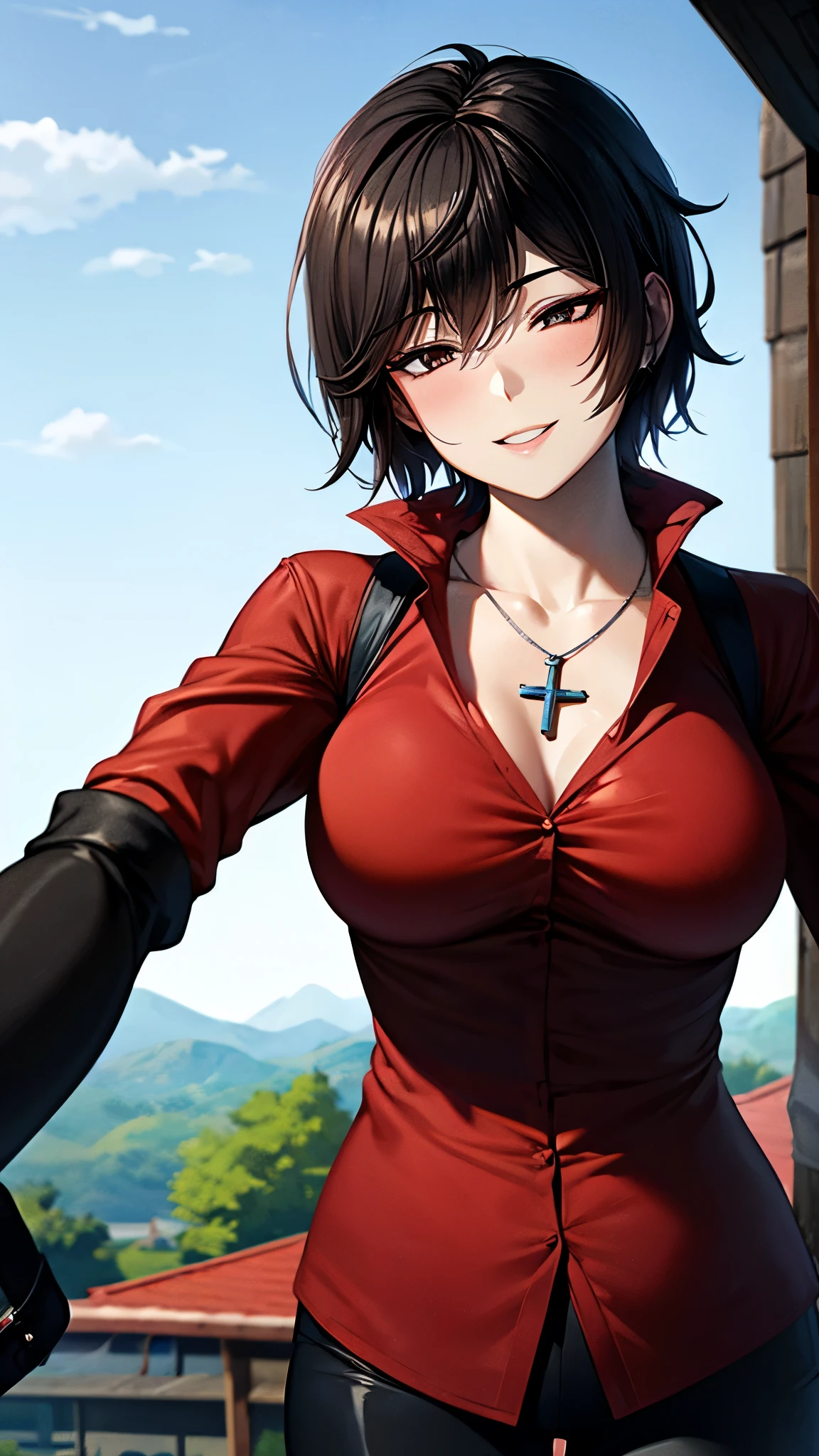 （ super quality, ultra high resolution with forest background,16k,super masterpiece,Ultra HD ,Detailed shading and background,）Photographing the upper body,Short, straight, black hair ,（A red shirt suit that has been unbuttoned, spread wide, and stood straight,Folded sleeves, black long gloves,Tight black pants, black long boots ,） cross necklace, provocative smile ,Thick lips,Rooftop at night,