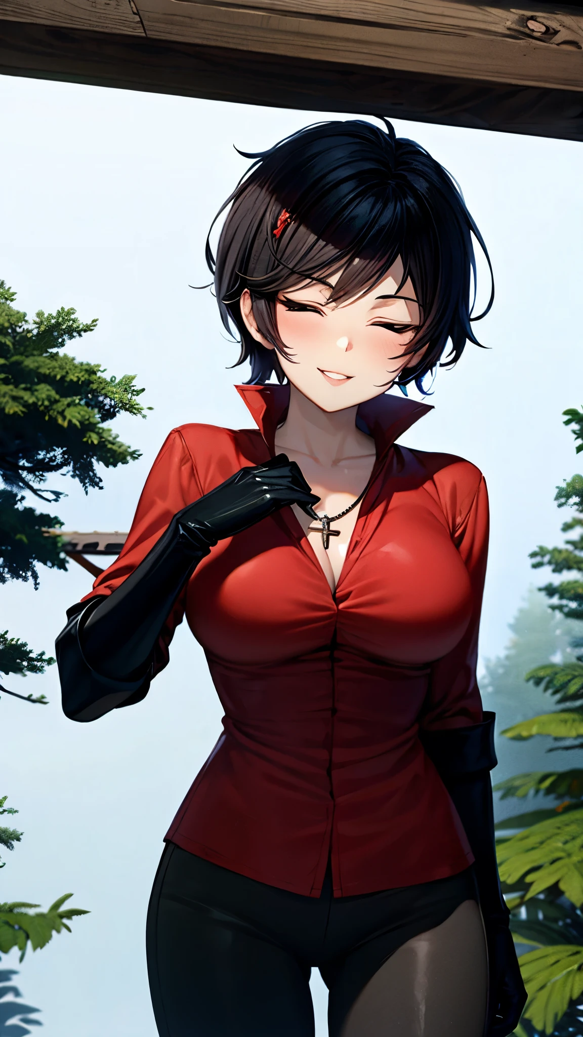 （ super quality, ultra high resolution with forest background,16k,super masterpiece,Ultra HD ,Detailed shading and background,）Photographing the upper body,Short, straight, black hair ,（A red shirt suit that has been unbuttoned, spread wide, and stood straight,Folded sleeves, black long gloves,Tight black pants, black long boots ,） cross necklace, provocative smile ,Thick lips,Rooftop at night,