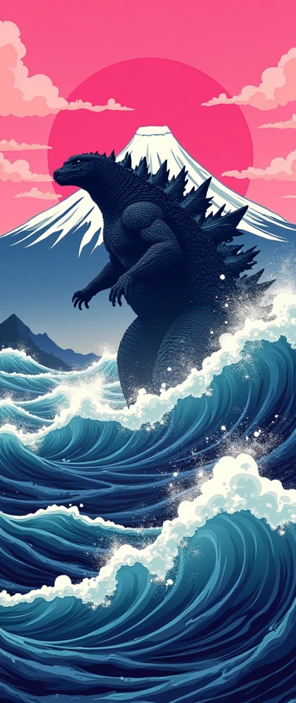 8k, ultra high detailed, illustration, digital art, hybrid Godzilla and daruma head, 2D image, illustration of wave of Kanagawa background.