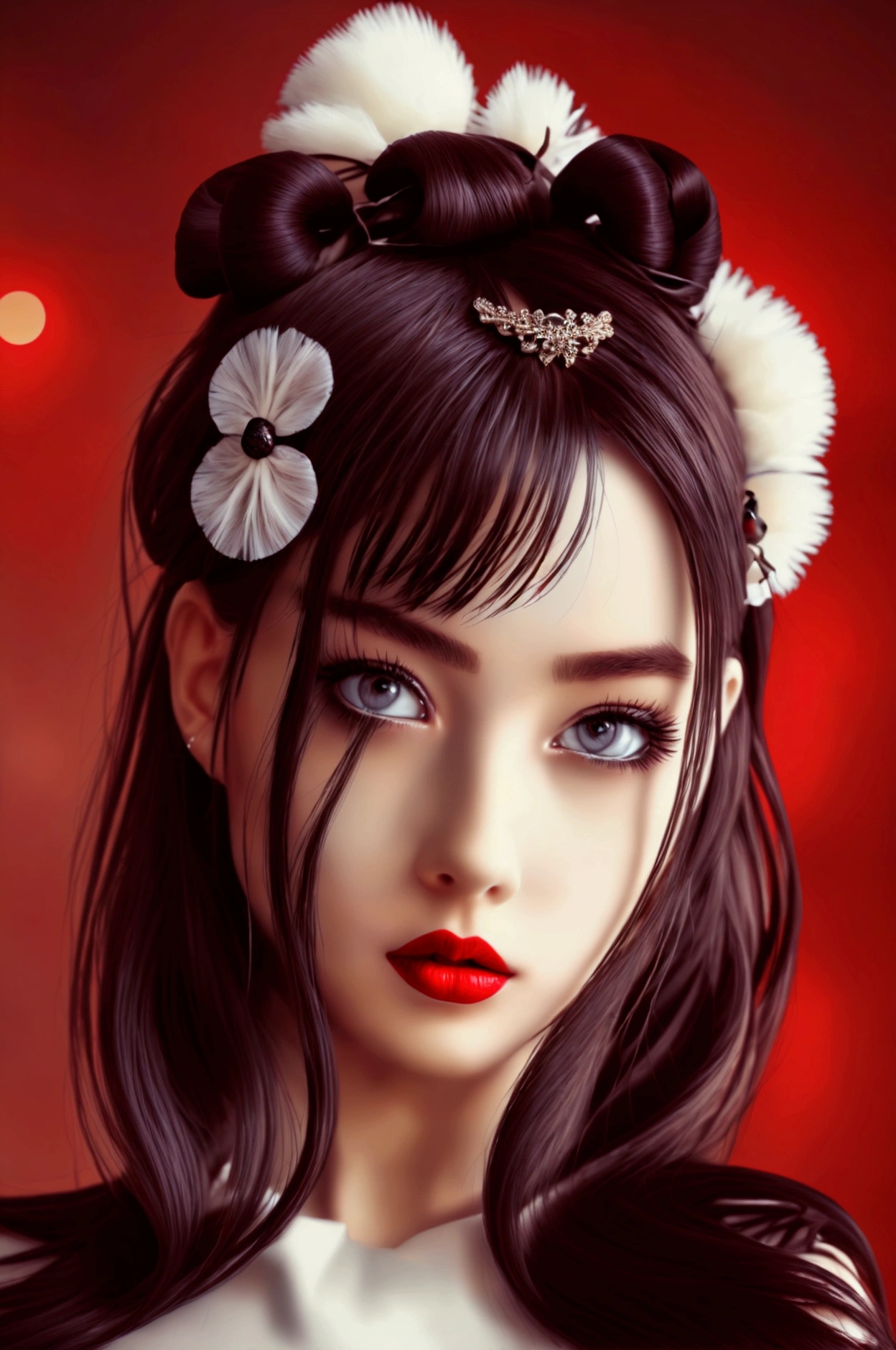 Best Quality, (photorealistic:1.2), 1 girl, Alone, detailed face, facial focus, standing, black fur,(hair ornament:1.35),Secretary, ribbon-trimmed sleeves, separate sleeves, ribbon ornament, wide sleeves, (looking at the viewer:1.5) by the wide, black eyes, red Lips, black and white photography, curly dark hair, charcoal sketch