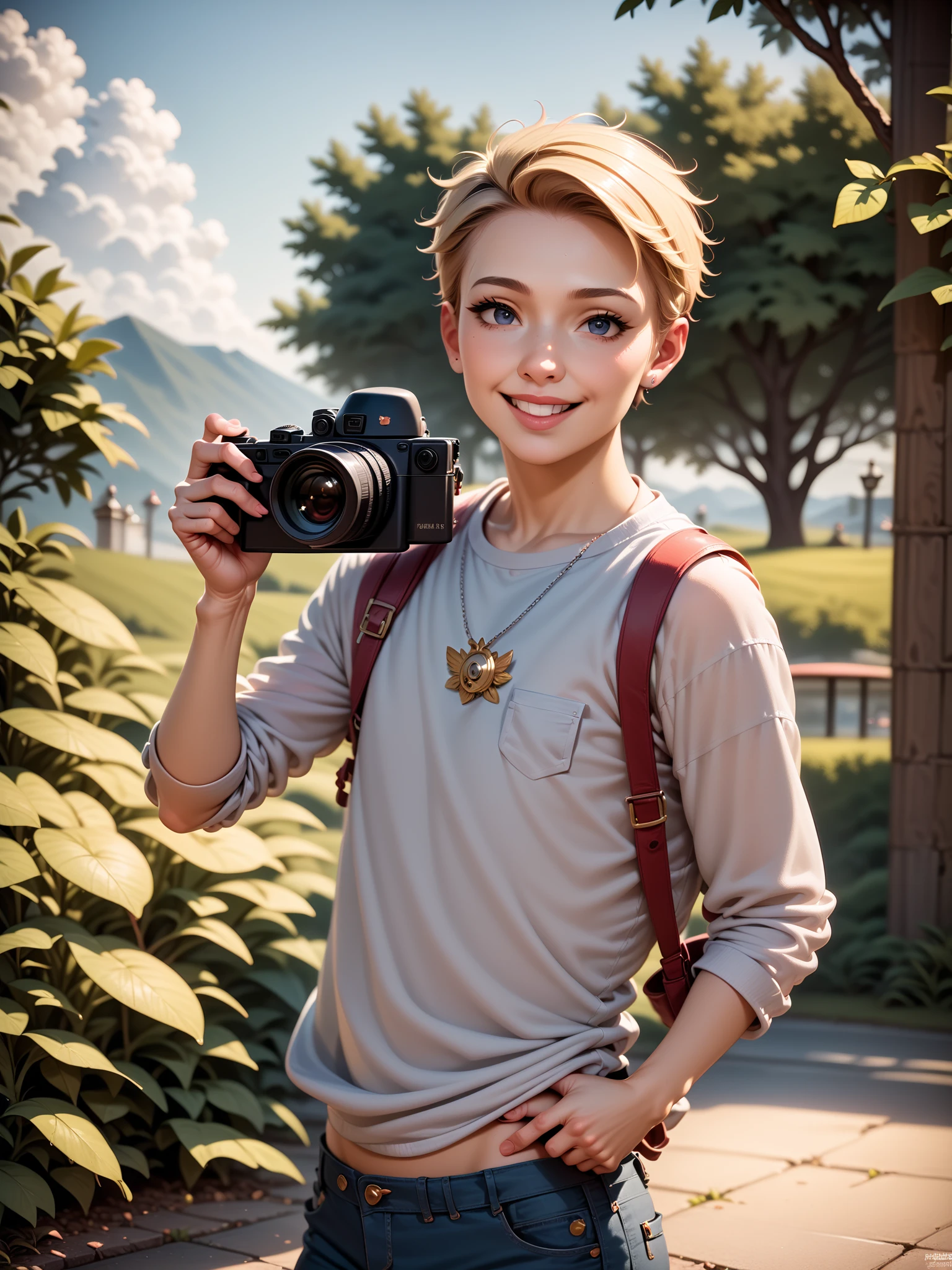 (cute, beautiful) blonde. Androgynous.  Bug lips(teen boy), (wearing) (loose summer outfit), [holding camera]. (Optimistic).

(Photorealistic), (vivid colors) smile, (ultra-detailed), (masterpiece:1.2), [studio lighting].

Please generate the Stable Diffusion prompt directly without adding any prefix.