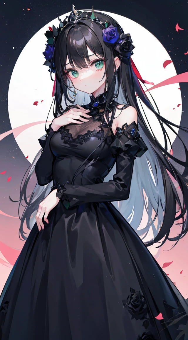 1 girl in、high-level image quality、ultra-detailliert、Long Black Hair、Hair blown in the wind、Green eyes、Delicate eyes and beautiful face、delicated face、(Rose Slender Dress)、((Black slender dress with rose decoration))、((Night sky background))、Beautuful Women, [[[multiple arms]]]