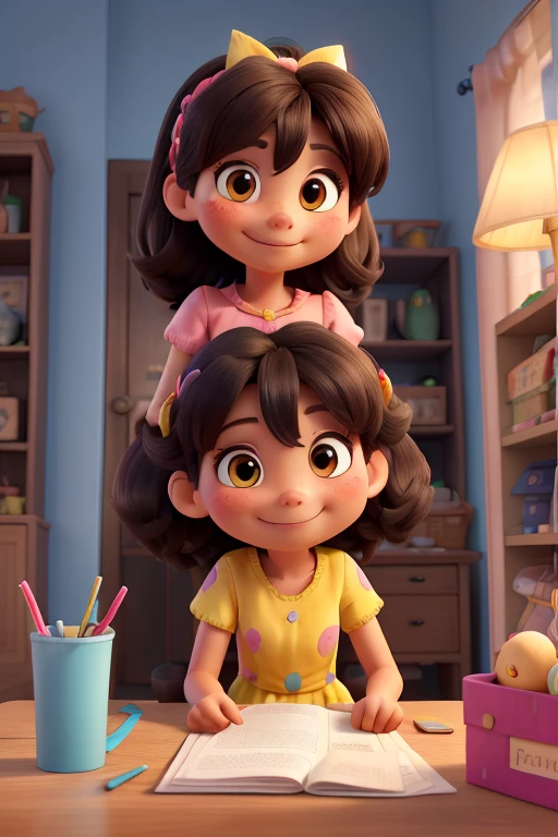 , pine morena clara, brown eyes , long black hair , medium light blue dress , smiling holding pink and yellow A4 sheets . superimposed on the background with shelves filled with satin ribbons, cup with several paper straws , various scissors , hot glue , table with computer and printer , colored pencils and paper in the colors blue , rosa, yellow and purple. Character sitting in front of the table with several personalized birthday boxes
