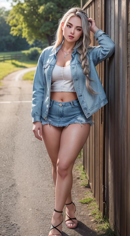 (Masutepiece,   better quality  ),   full coat ,   photorealistic ,   Beautiful woman with gray hair , Braided hair, Braided hair, ((denim jackets)),   Long fitted denim skirt  , ((  Light white open shirt  )), (  sexy underwear  ), Knit Sandals,   A necklace,   wavy hair  ,   perfect face  ,   beautiful face, tempter,  big and beautiful eyes  ,   My mouth is wide open  ,   red lips, make-up, happy,  voluptuous body , a wet body,   seductive smile  , glamorous body,   big ass, (outdoors), Rural village , Pastas,   bright colors, Taking a walk, walking, Poses to seduce,    Wide angle flat from the bottom  