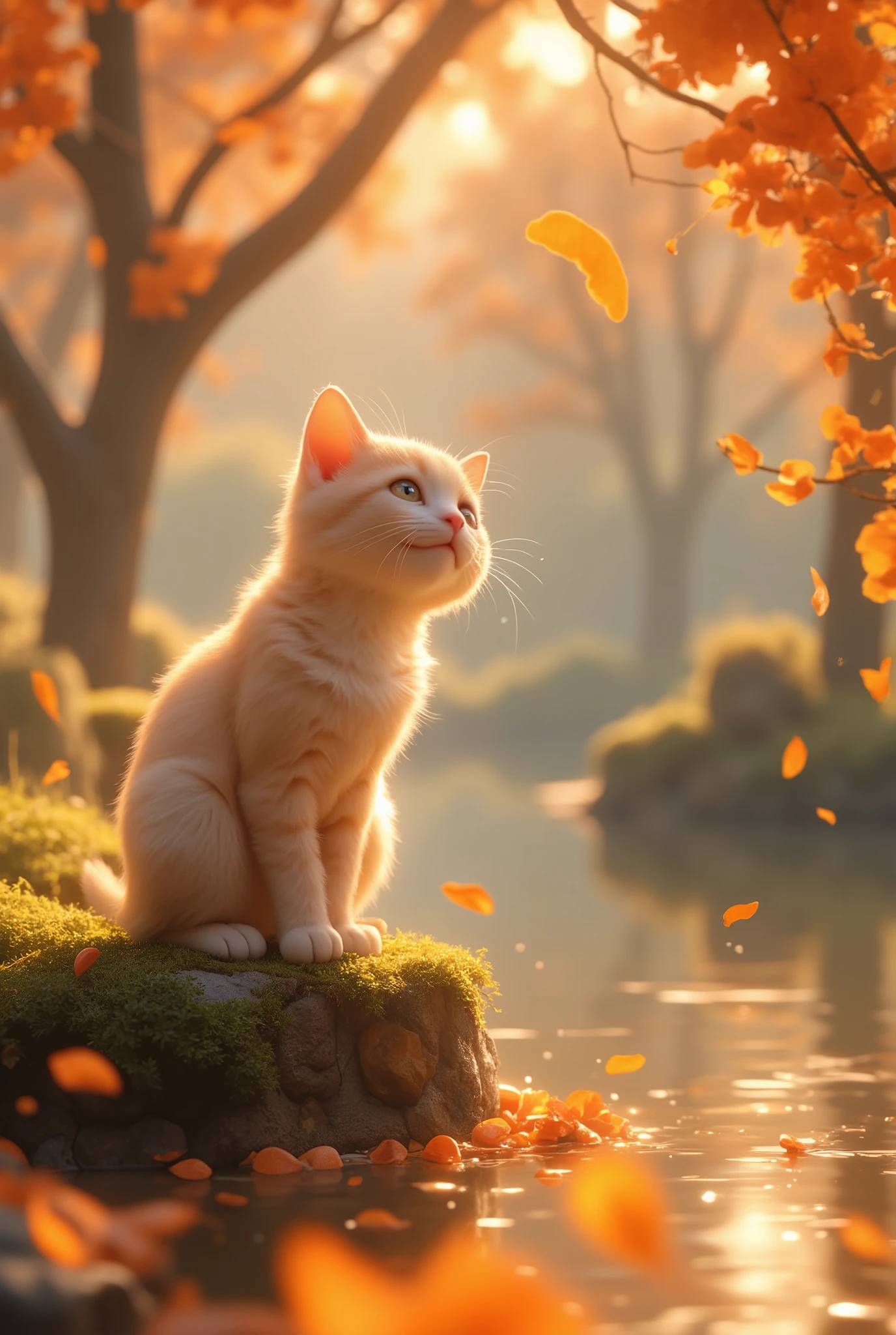 A mesmerizing scene of a rain of petals in warm orange hues gently falling from the sky, filling the air with vibrant tones of amber, tangerine, and gold. Among the petals, a curious cat with fluffy fur and a playful expression sits on a mossy stone, swatting at the falling petals. The cat's fur glows softly under the golden sunlight streaming through the branches of ancient trees with orange blossoms. The ground is covered with a warm-toned carpet of petals, creating a dreamlike and serene atmosphere. In the background, a serene lake reflects the orange petals, with ripples forming as they land on the water's surface. The air is filled with faint glimmers of light particles, enhancing the magical ambiance. The overall tone is peaceful, elegant, and glowing with warm autumn-like beauty, highlighted by the adorable presence of the cat,