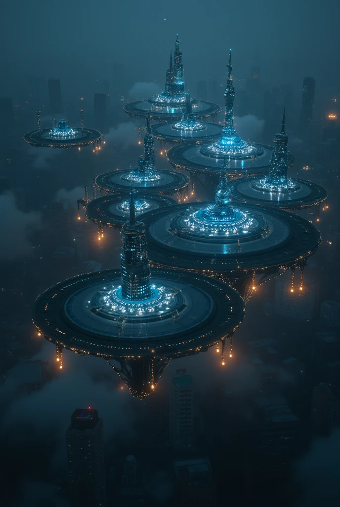 A futuristic city seen from above ,  their buildings were in the shape of circles and had many lights,  it was night and the lights of the buildings were those .  The houses and buildings were in the shape of circles .