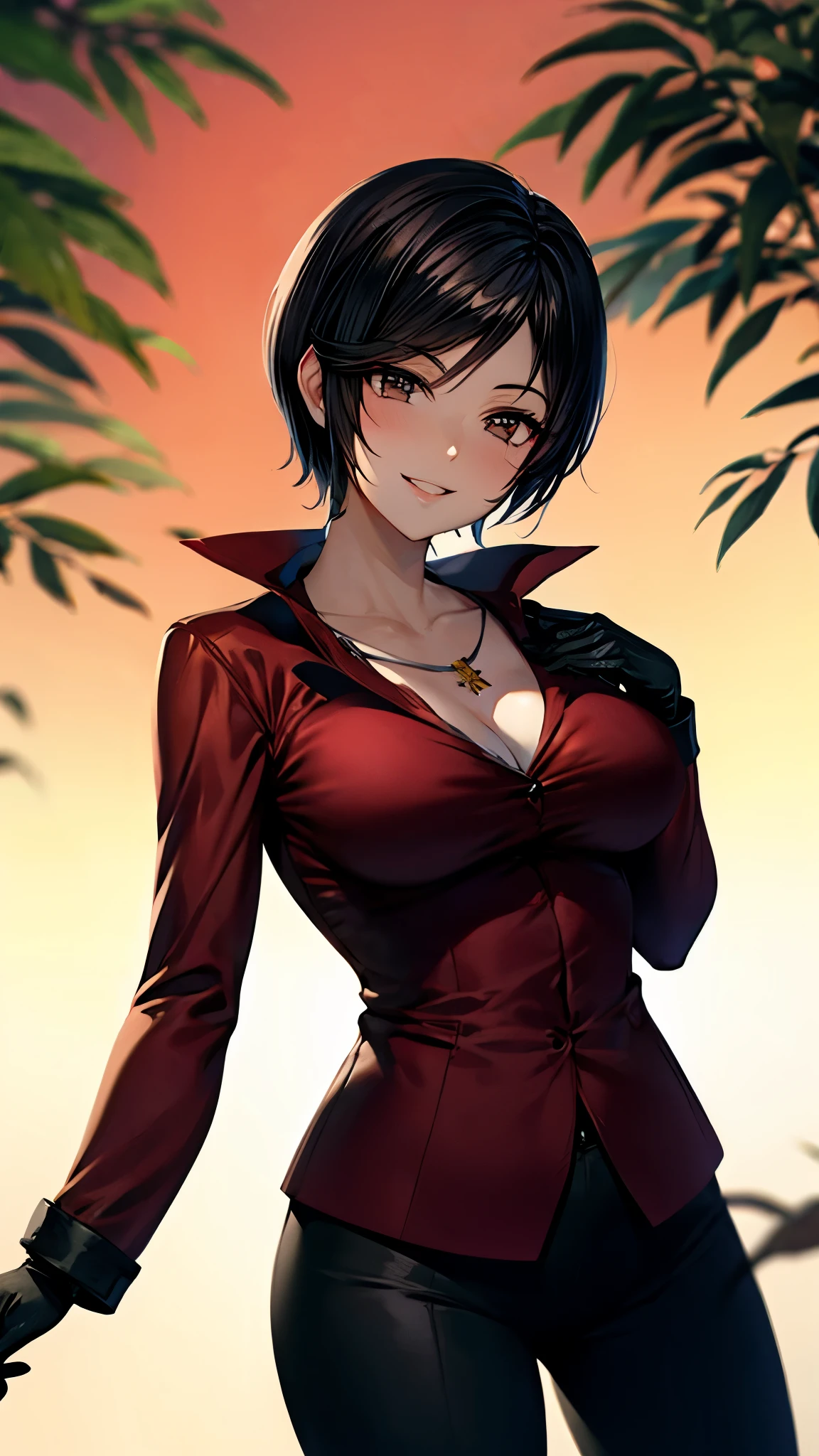 （ super quality, ultra high resolution with forest background,16k,super masterpiece,Ultra HD ,Detailed shading and background,）Photographing the upper body,Short, straight, black hair ,（A red shirt suit that has been unbuttoned, spread wide, and stood straight,Folded sleeves, black long gloves,Tight black pants, black long boots ,） cross necklace, provocative smile ,Thick lips,Rooftop at night,