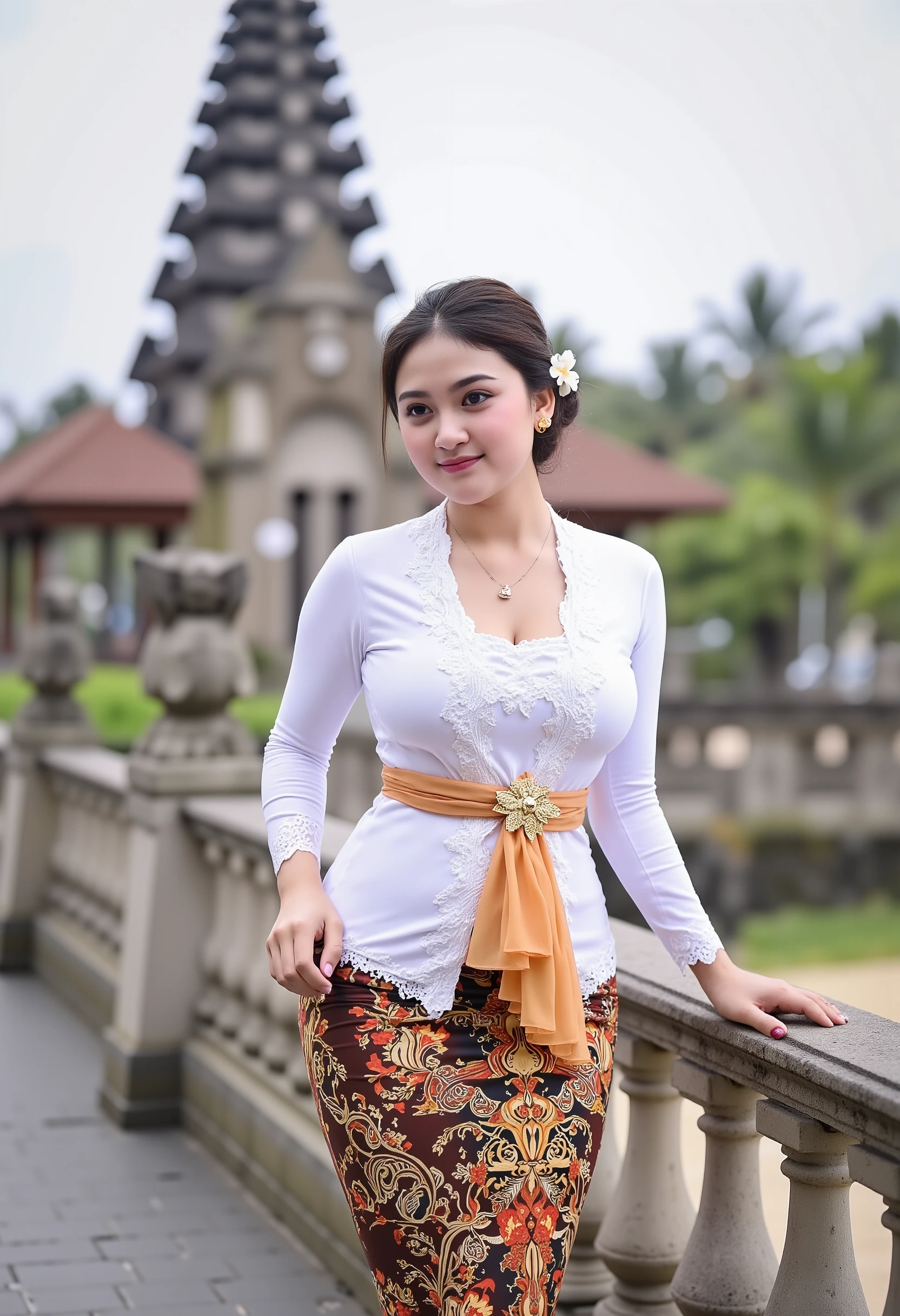 (masterpiece, best quality:1.2), 1 hijab girl, ((wearing hijab)), (medium breast, cleavage cutout), Alone, flower, kebaya_Bali, white_kebaya_bali, stands on bridge, smiling, Bali temple background, beach, side view, buttocks
