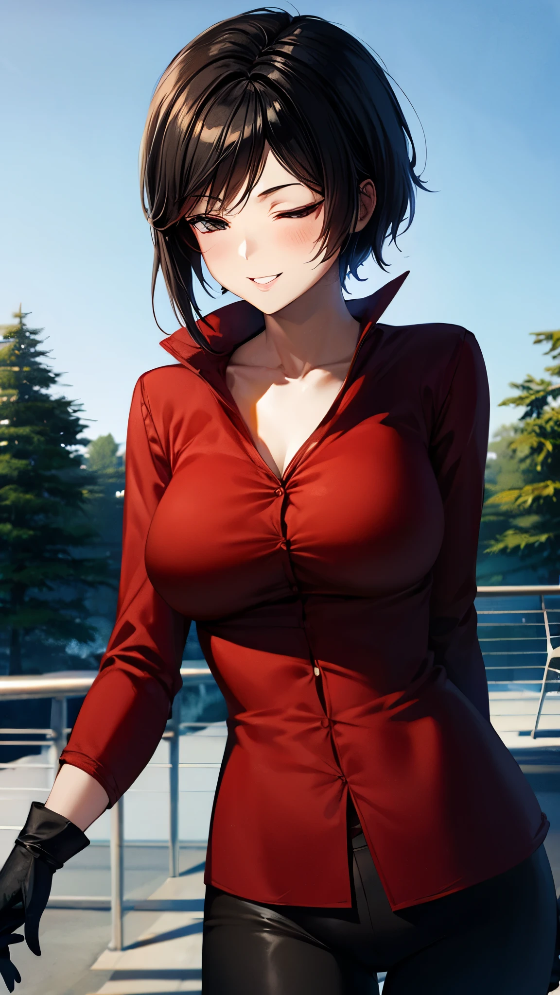 （ super quality, ultra high resolution with forest background,16k,super masterpiece,Ultra HD ,Detailed shading and background,）Photographing the upper body,Short, straight, black hair ,（A red shirt suit that has been unbuttoned, spread wide, and stood straight,Folded sleeves, black long gloves,Tight black pants, black long boots ,） cross necklace, provocative smile ,Thick lips,Rooftop at night,