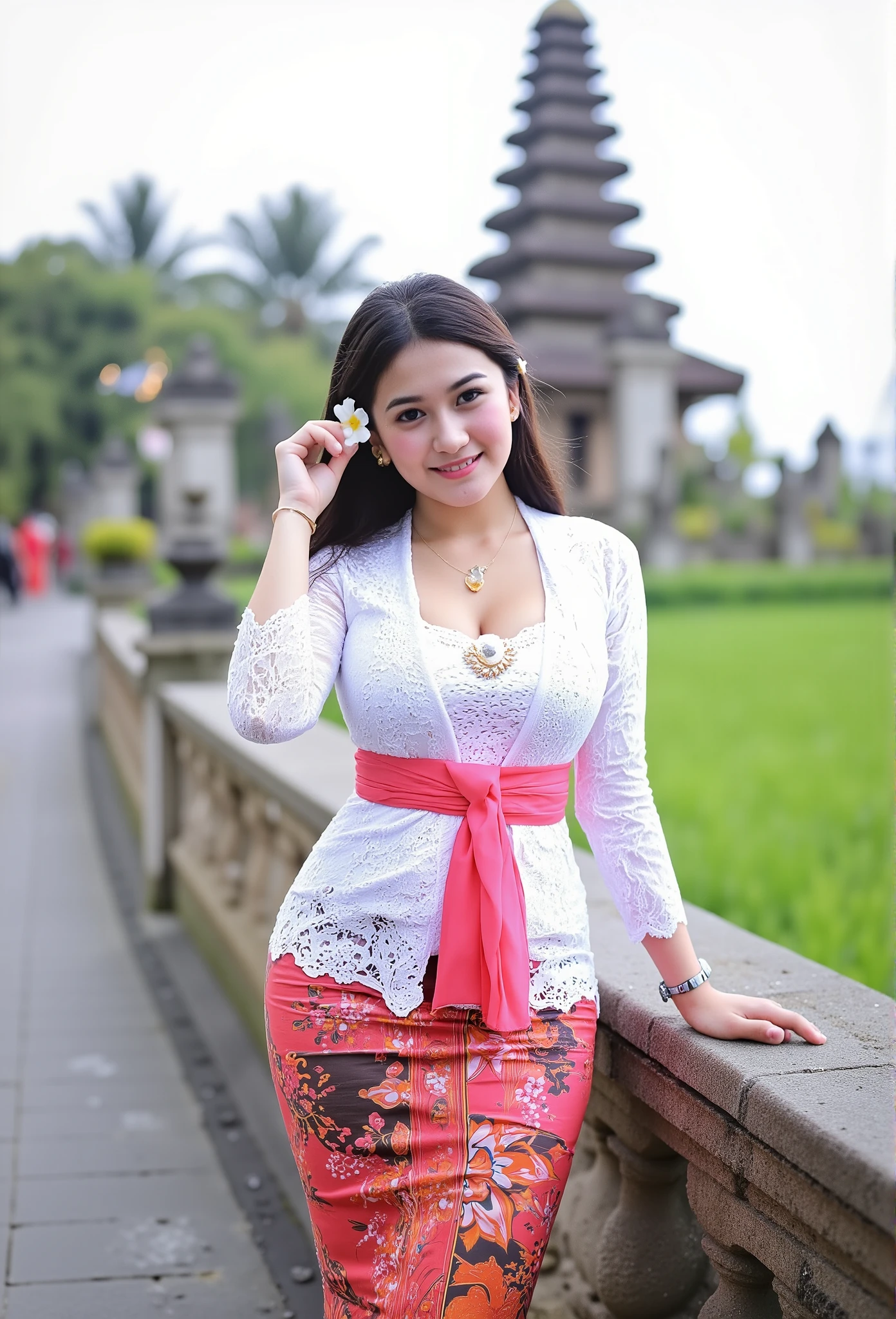 (masterpiece, best quality:1.2), (((hijab girl))), ((wearing hijab)), (medium breast, cleavage cutout), Alone, flower, kebaya_Bali, white_kebaya_bali, stands on bridge, smiling, Bali temple background, beach, side view, buttocks
