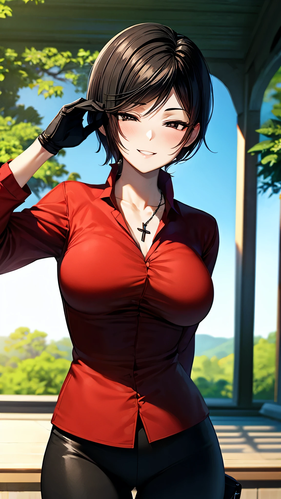 （ super quality, ultra high resolution with forest background,16k,super masterpiece,Ultra HD ,Detailed shading and background,）Photographing the upper body,Short, straight, black hair ,（A red shirt suit that has been unbuttoned, spread wide, and stood straight,Folded sleeves, black long gloves,Tight black pants, black long boots ,） cross necklace, provocative smile ,Thick lips,Rooftop at night,