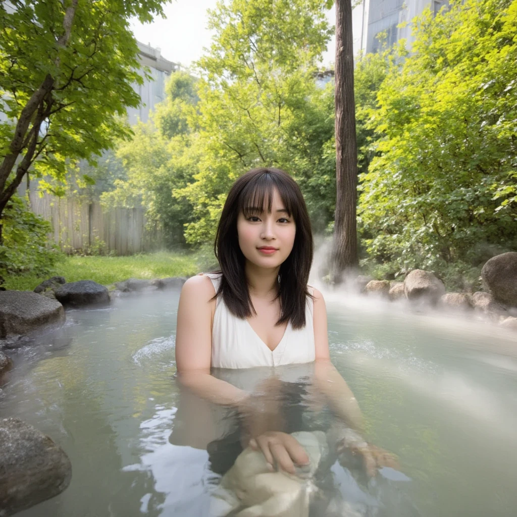 a beautiful detailed girl with a serene expression, long brown hair, flawless skin, sitting in a natural hot spring, steam rising from the water, lush greenery surrounding the spring, sunlight filtering through the trees, photorealistic, highly detailed, 8k, realistic, masterpiece