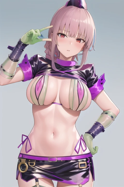 masterpiece, best quality, highres, aafng, braid, large breasts, Trick or Treatment Cosplay, revealing clothes, shrug \(clothing\), short sleeves, layered bikini, purple bikini, green bikini, belt, nurse cap, microskirt, green gloves, thighhighs, garter straps, cowboy shot, looking at viewer, 