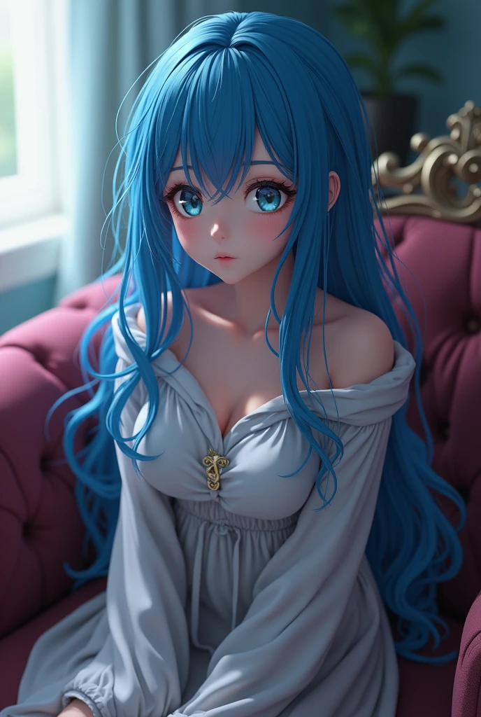 Landscape of an woman, Landscape of a very beautiful woman, (((cowboy shot))), ((Exposed Eyes))!!, photography with Fujifilm XT3, depth of field, film grain, (((female focus)))!!, ((exposed eyes))!!, Yoshino Himekawa/(Date A Live/), anime style, (lying down at bed), cherry blossom, window, There are birds in the sky, The sky is blue, river outside the room, looks at the camera with Beautiful blue pupil's eyes, (Beautiful blue pupil's eyes like sapphire :1.40)!!, (((Blue pupil's eyes like sapphire)))!!!, (((homochromatic eyes)))!!!, Stars in her fixed eyes, Ultra detailed eyes, Exposed eyes, seductive smile, beautiful smile, gorgeous smile, (Blush)!! Perfect nose, Cute little nose, Earrings, beatiful face, Face Clean, Skin, hyper realistic, Incredibly detailed face, hyper detailed face, A face with a lot of detail, Perfect eye shadow, wink, Hyper-Detailed Eyes, Hyper-detailing of eyebrows, Hyper-detailed eyelashes, Blue hair between eyes, Blue hair bangs, (ultra shine Blue hair)!!, (smooth straight blue hair)!!,((dynamic composition), (((wear white maid costume)))!!!, detailed realistic clothes, neck garter, plump breasts, (Breasts cleavage)!!, ultra seductive temptation, lace, ((armpit))!!, detached sleeves, (bare shoulders)!!, charming pose, open skirt, slim legs, petticoat, fishnet legs, black stockings, smooth thighs cleavage, garter thighs, leather shoe, erotic, Best Quality, Masterpiece, Ultra-detailed, Beautiful, hight resolution, Original, CG 8K, perfect photo, dramatic lighting, (Realistic) Realistic, Full HD, Best Quality, Best Quality, Beautiful lighting, (8k wallpaper of extremely detailed CG unit), High Details, sharp-focus, The art of dramatic and photorealistic painting, (at center of bed), cherry blossom, window, There are birds in the sky, The sky is blue, river outside the room, dynamic composition