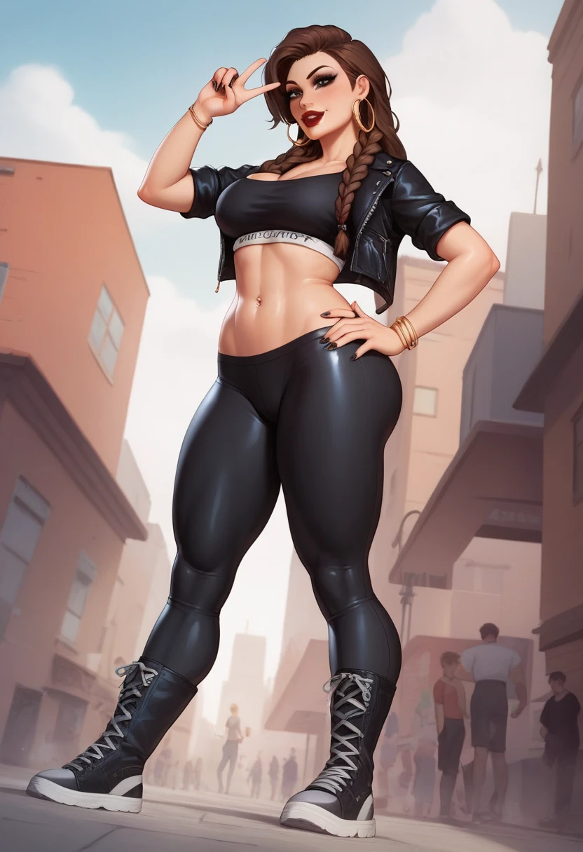 8k, highres, ultra detailed, (masterpiece:1.4), best quality, symmetrical body, a beautiful 18 year old girl, (cropped grey cotton hoodie with lettering:1.5), (leather leggins:1.5), full body shot, cute, solo, long hair, brown hair, blue eyes, glow effect, finely eye, detailed face, looking at viewer, smilling at viewer, leaning forward, dominant look, (seductive:1.4), big breasts, sun, rim light, in the city, (sexy pose:1.4)