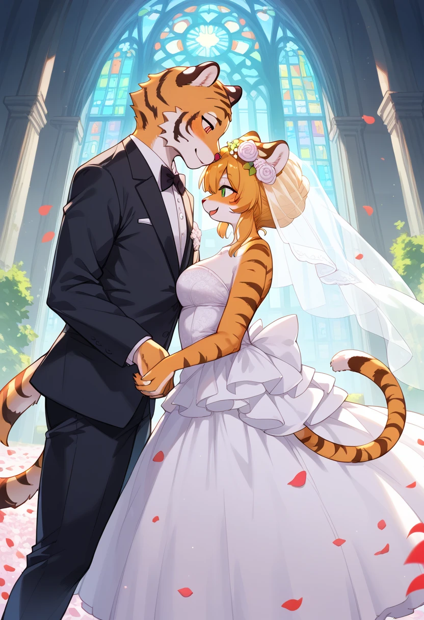 score_9, score_8_up, score_7_up, score_6_up, score_5_up, score_4_up, source_anime, best quality, amazing quality, very aesthetic, absurdres, 1girl, 1boy, (furry, kemono:1.3), tiger, tiger girl, tiger boy, tiger ears, 1girl, 1boy, bride, groom, wedding dress, veil, tuxedo, smiling, holding hands, standing together, massive flower petals, flower petal blizzard, flower petals on head, flower petals on body, petals scattering in the air, church, stone architecture, outdoor wedding, sunny, bright sky, clear sky, midday, sunlight, trees, green foliage, guests, cheering, floral decorations, ribbons, detailed dress, intricate lace, cinematic lighting, warm glow, happy atmosphere