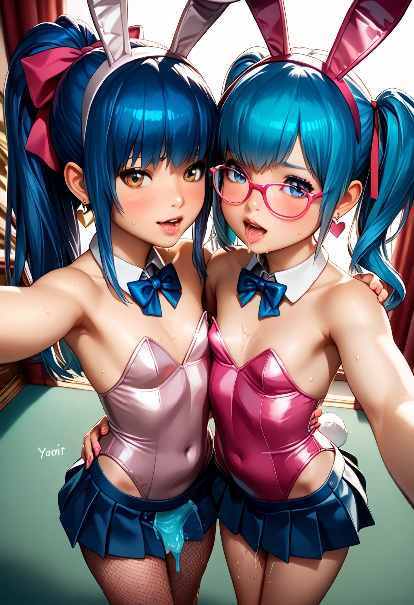 perfect anatomy,8k,masterpiece,realistic,detailed,highly detailed beautiful face and eyes,(2girls,Agirl and Bgirl,:1.5),yuri,(from above:1.2),fullbody, face to face,  BREAK (Agirl:1.5), leonakofdg,blue hair, Sweat,(Sound Effects:1.3), (small breast , flat chest), Earrings, Pink Playboy Bunny, Pink Shiny Latex Leotard, Fishnet Tights, Bunny Ears Hairband, choker,from above, blush, swollen face,bad mood, (saliva:0.9), embarrassed,gleaming skin, (love juice:1.2), (liquid dripping from crotch:1.2), sweat,face to face, BREAK (Bgirl:1.5),, loli,smallreasts, school uniform, glasses,skirt, cardigan, hair ribbon, (selfie:1.5),(smart phone:1.3), face to face, BREAK masterpiece, best quality, (ultra-detailed), NSFW, BREAK casino,