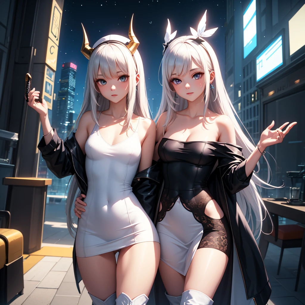 (master piece, high quality), 2 girls, short ash wolf cut, pink long hair, blush, Tooth smile, cyber-, white bodysuit with ripped belt, black robe, pale skin, sunburned skin, flat chest, neon purple color,(nsfw),(((topless))),(nude),(pussy),near future city