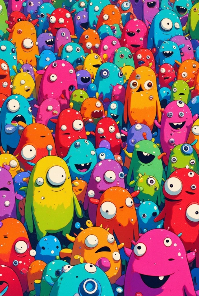  There are lots of monsters of different colors in this picture, Vivid cartoon art, beepleとJeremiah Ketner,  colorful  crowd,   cute monsters , Crowded, Art by Kubisi,  by Android Jones Inspired by the painting of a woman with a large head and watch , cute  colorful  adorable,  slime ,  Greg Beeple , very Crowded,  Dan Mumford and Pixar ,  colorful ! Character design, (((Luke Chueh)))