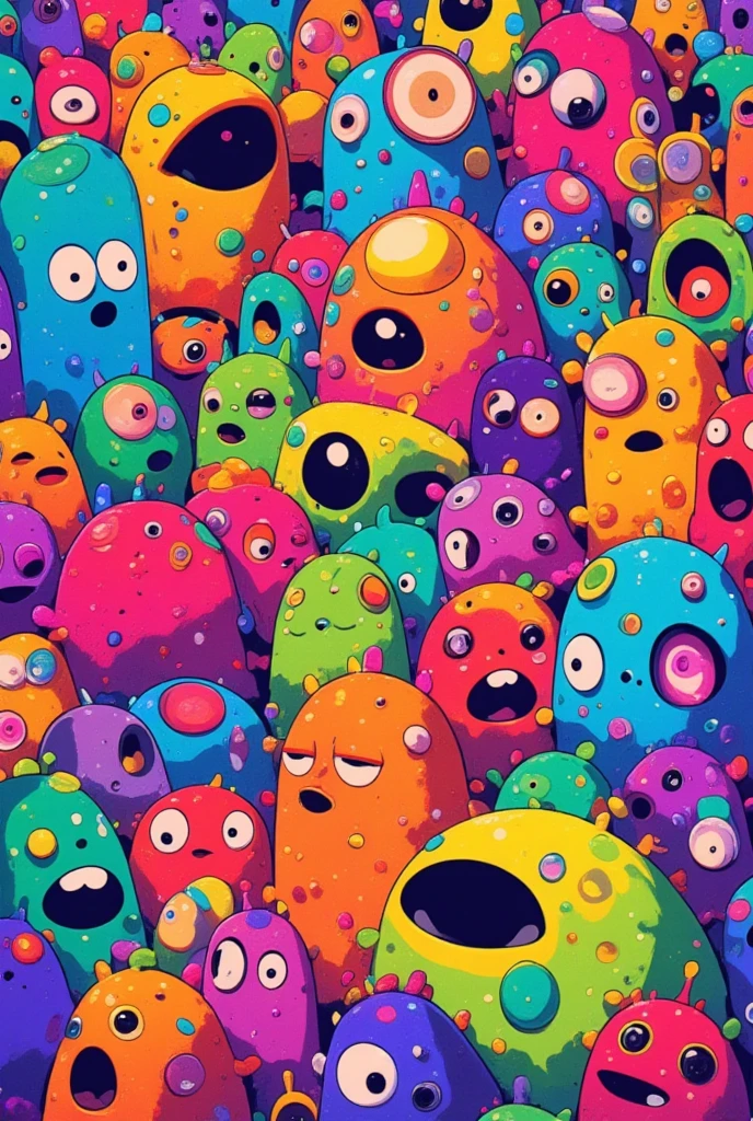  There are lots of monsters of different colors in this picture, Vivid cartoon art, beepleとJeremiah Ketner,  colorful  crowd,   cute monsters , Crowded, Art by Kubisi,  by Android Jones Inspired by the painting of a woman with a large head and watch , cute  colorful  adorable,  slime ,  Greg Beeple , very Crowded,  Dan Mumford and Pixar ,  colorful ! Character design, (((Luke Chueh)))