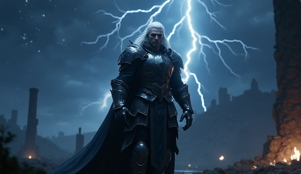 (masterpiece), 1man, 30 years old man, thanatos, armor, male face, full body shot, storm, thunderbolt, thunder, lightning, aggressive, (frowned), manly face, night sky, full body, ((white hair)), (dynamic pose), shadows, ruins, destruction, evil, scary, sinister, (((perfect hands))), perfect face, starry sky, milky way, helmet, radiating aura, ripples, better hands, outdoors, BREAK, full body shot, photorealistic, best quality, (extremely detailed CG unity 64k wallpaper), ultra-high resolution, ultra-high definition, maximalist, 64k UHD, highres, intricate, intricate details, absurdres, highly detailed, finely detailed, ultra-detailed, ultra-high texture quality, DLSR, RTX, (HDR), detailed textures, ultra-high pixel detail, professionally color graded, full color depth, sharp focus, volumetric lighting, natural shadow, dramatic shading, dramatic lighting,