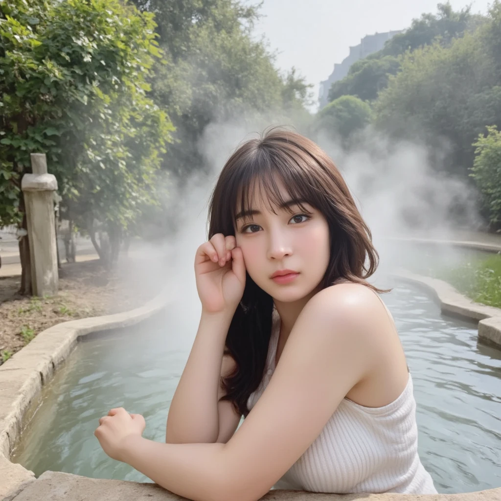 a beautiful detailed girl with a serene expression, Long brown hair, flawless skin, sitting in a natural hot spring, steam rising from the water, lush greenery surrounding the spring, sunlight filtering through the trees, photorealistic, highly detailed, 8k, realistic, masterpiece 全naked、naked体、naked、