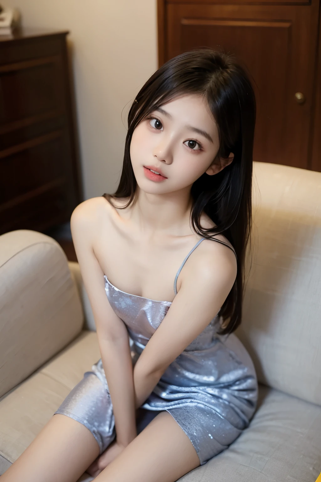 Slender teenage Indonesian girl, petite and small, moaning face, naughty figure, vurnerable, wearing a beautiful dress, lied down on couch while pleasing herself, Accurate, anatomy correctly, high quality, UHD