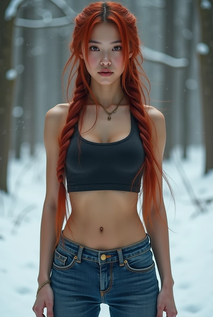 RAW, professional photograph, medium shot, photorealistic, realistic lights, realistic shadows, hyper-realistic, ray tracing, super detail, UHD, 8k, female, twenty years old, athletic body, soft facial features, long braided hair, viking hairstyle, straight hair, crimson hair, crimson eyes, viking clothing, forest in winter
Negative Prompt