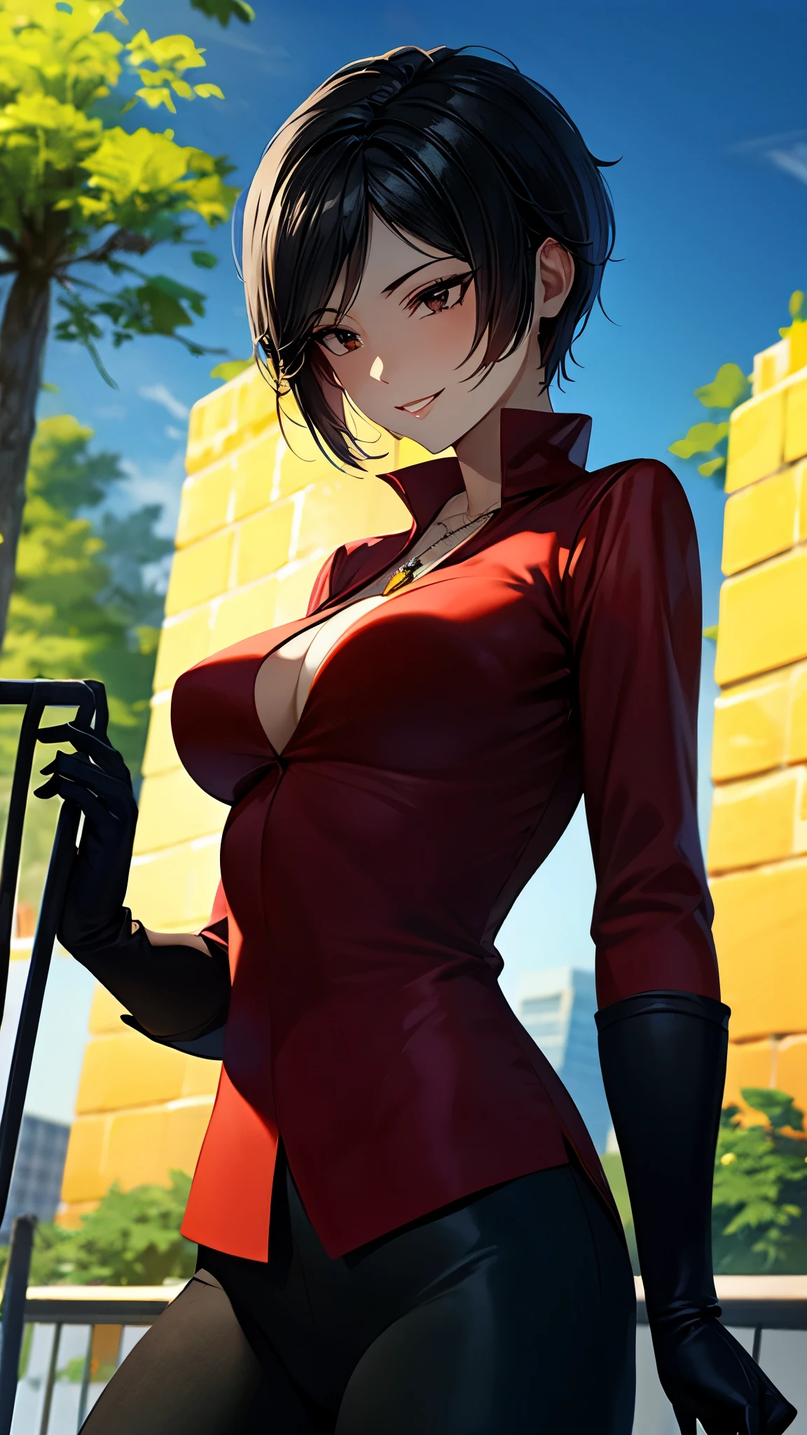 （ super quality, ultra high resolution with forest background,16k,super masterpiece,Ultra HD ,Detailed shading and background,）Photographing the upper body,Short, straight, black hair ,（A red shirt suit that has been unbuttoned, spread wide, and stood straight,Folded sleeves, black long gloves,Tight black pants, black long boots ,） cross necklace, provocative smile ,Thick lips,Rooftop at night,