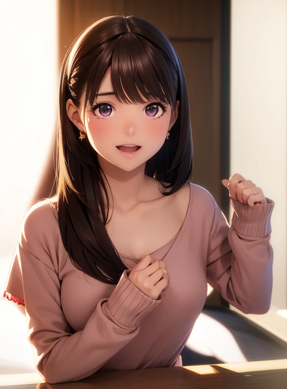 High resolution,In 8K,highest quality,detailed,Semi-realistic anime,Anime 3D Style,Smooth anime CG,One Girl,19-year-old woman in Japan,slim,Modeled,Shiny brown hair,Medium Hair,detailedな顔,Beautiful and detailed,Glowing Skin,Red cut and sew earrings,straggling hair,Angelic hairstyle,Small breasts,((Looking at the camera)),((Open your mouth)),((Laughter))