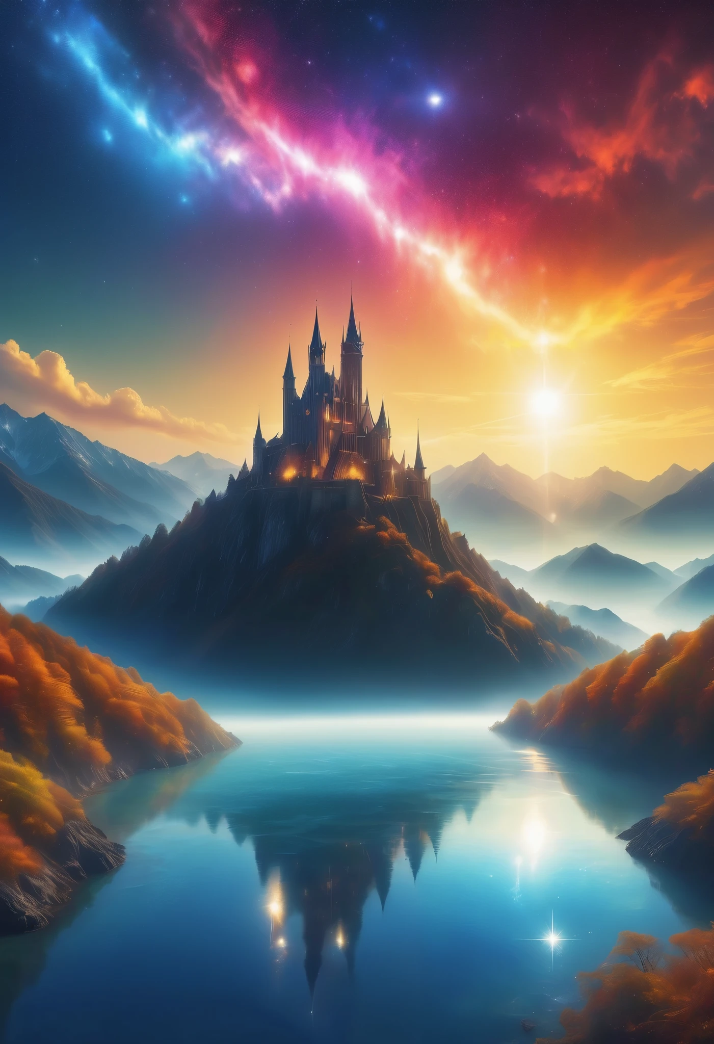 (8k, best quality , masterpiece, ファイナル fantasy standing in a church風: 1.2), ( unrealistic, Photographically: 1.37), (, a sorcerer woman standing on the lakeside, Big swinging bust, With sword and fire, Her sword shines in the heavens:1.1), Dreamy Scenery , fantasy standing in a church, unrealisticな風景, super detailed, Flying Medieval Castle, Island in the Sky , Seven-colored light swirl, (meteorのMister. in flight {x} A long-tailed bird with a golden tail:1.3), Aurora, Strong thunder, milky way, Complex Light, Mister.々Color light, Large Lake, Starry sky reflected on the lake, Countless shining stars, meteor, 多くのmeteor, Aura, (A pillar of light was emitted from the ground :1,2), 複雑な文Mister.Magic Circle,