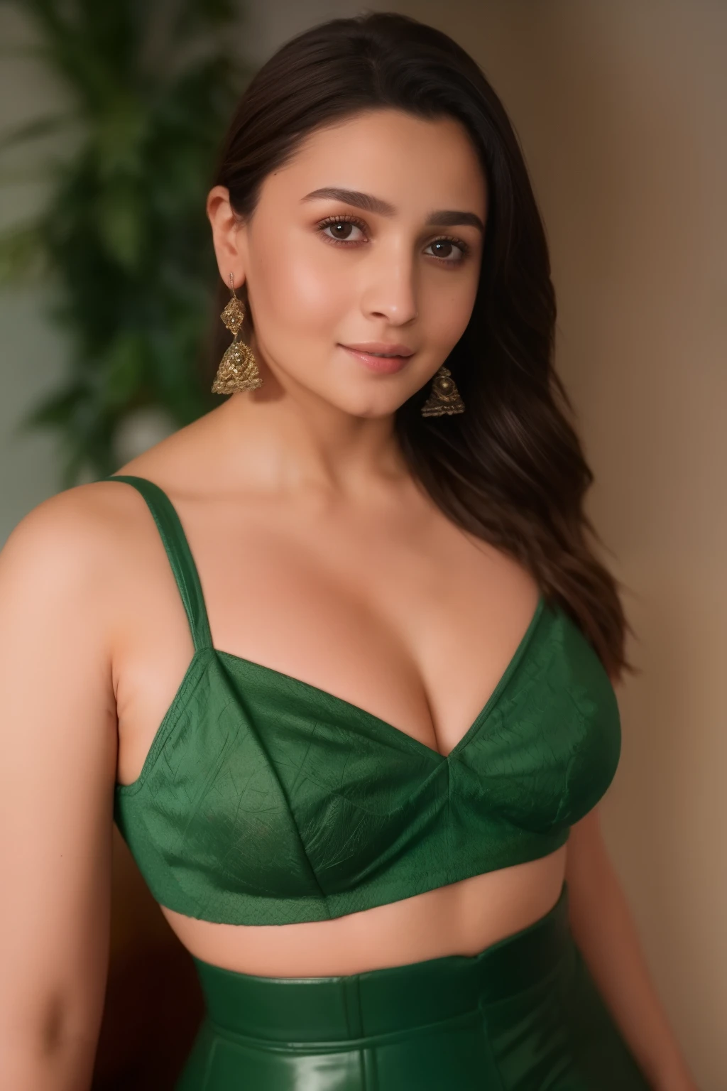 night scene, portrait of Indian milf alia bhatt, stepmom, thicc woman, 40 years old sex icon, 85mm f/1.4, 15mm, 35mm, 4k, high resolution, 4k, 8k, hd, full colour, 4k, 8k, 4k, high definition, high angle shot of close up photo of indian, big cheeks, sexy navel, hanging in swing chair and bending over viewer on Mount Everest, off shoulder strapless cowl neck lace shiney green latex lingerie, deep cut neckline, perfect figure, swooping massive round breasts, deep cleavage, long straight open wavy hair, indian jwelery, look at viewer and smile, (cinematic:1.3), intricate details, (ArtStation:1.2)