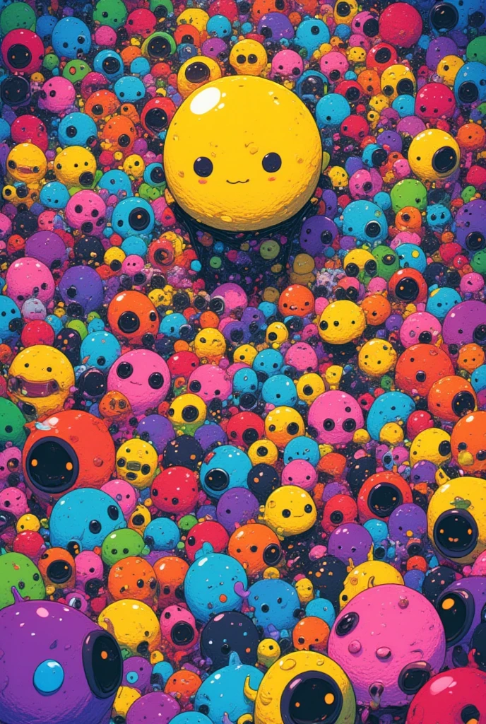  There are lots of monsters of different colors in this picture, Vivid cartoon art, beepleとJeremiah Ketner,  colorful  crowd,   cute monsters , Crowded, Art by Kubisi,  by Android Jones Inspired by the painting of a woman with a large head and watch , cute  colorful  adorable,  slime ,  Greg Beeple , very Crowded,  Dan Mumford and Pixar ,  colorful ! Character design, (((Luke Chueh)))