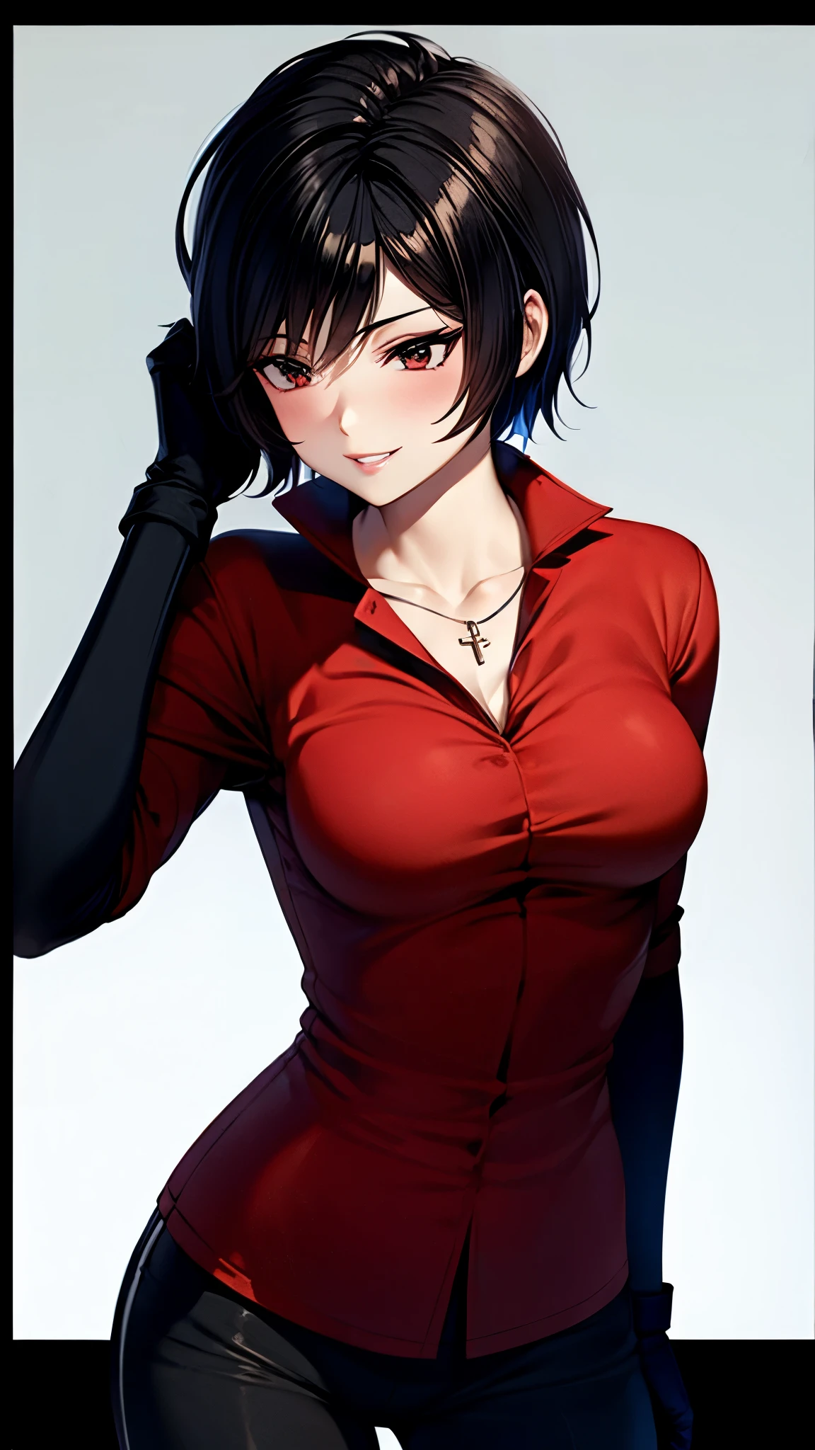 （ super quality, ultra high resolution with forest background,16k,super masterpiece,Ultra HD ,Detailed shading and background,）Photographing the upper body,Short, straight, black hair ,（A red shirt suit that has been unbuttoned, spread wide, and stood straight,Folded sleeves, black long gloves,Tight black pants, black long boots ,） cross necklace, provocative smile ,Thick lips,Dark Background,